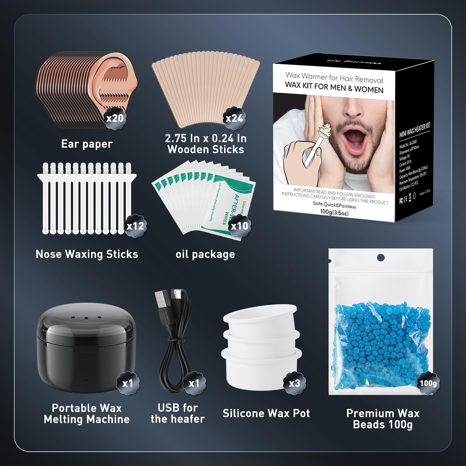Nose Wax Kit Men ｜100g Wax｜USB Fast Heat｜Smart Constant Temp｜12 Nose Hair Sticks｜3 Silicone Pots｜Travel Size｜Unisex｜Suitable for Different Body Parts