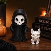 OFDNE Halloween Grim Figurine with Skeleton Dog Companion, Cute Black Hooded Mini Skeleton Statue Set, Kawaii Spooky Decor, Tabletop Desk Display Ornaments