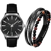 NEWITIN 6 Pieces Men Watch Bracelets Set Big Face Watch Braided Leather Bracelets Waterproof Wristwatch Leather Jewelry for Men