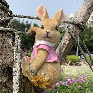 iRonrain Mini Garden Statues Hanging Bunny, Indoor Outdoor Decorations Cute Rabbit Art Décor Figurine Ornament for Yard Home Garden Patio and Office (Pink)