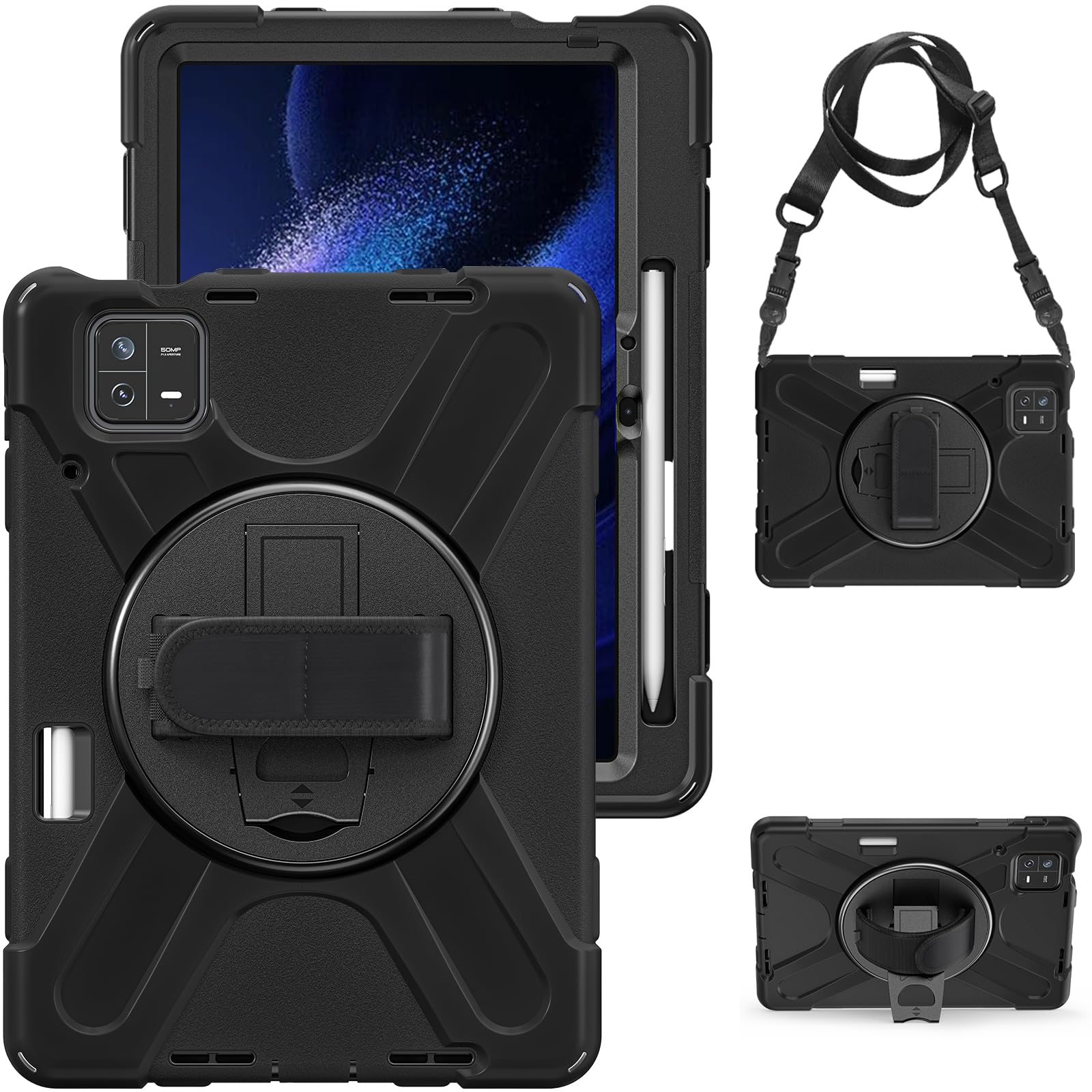 Gerutek Case for Xiaomi Pad 6/ Xiaomi Pad 6 Pro Shockproof (11-Inch 2023) Heavy Duty Rugged Case with [360 Rotatable kickstand/Hand Strap] [Shoulder Strap] for Xiaomi Mi Pad 6/Mi Pad 6 Pro, Black