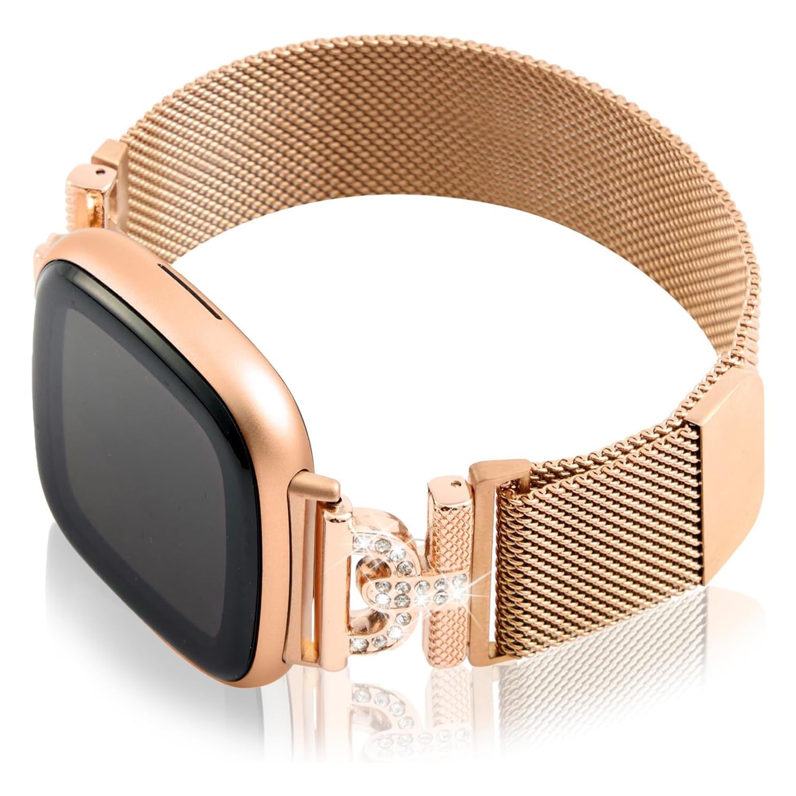 HAYONLIY Magnetic Bands Compatible for Fitbit Sense 2/Fitbit Versa 4/Fitbit Sense/Fitbit Versa 3, Mesh Stainless Steel Bling Strap, Dressy Replacement Adjustable Wristband for Women-Rose Gold