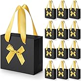 EQOREIIN 50 Pack Small Thank You Gift Bags with Bow Ribbon & Handles, 5.5x 2.5x4.7 Inch Black Gold Little Gift Bags for Jewelry, Baby Shower, Bridal Shower, Mother's Day,Christmas Holiday Gifts