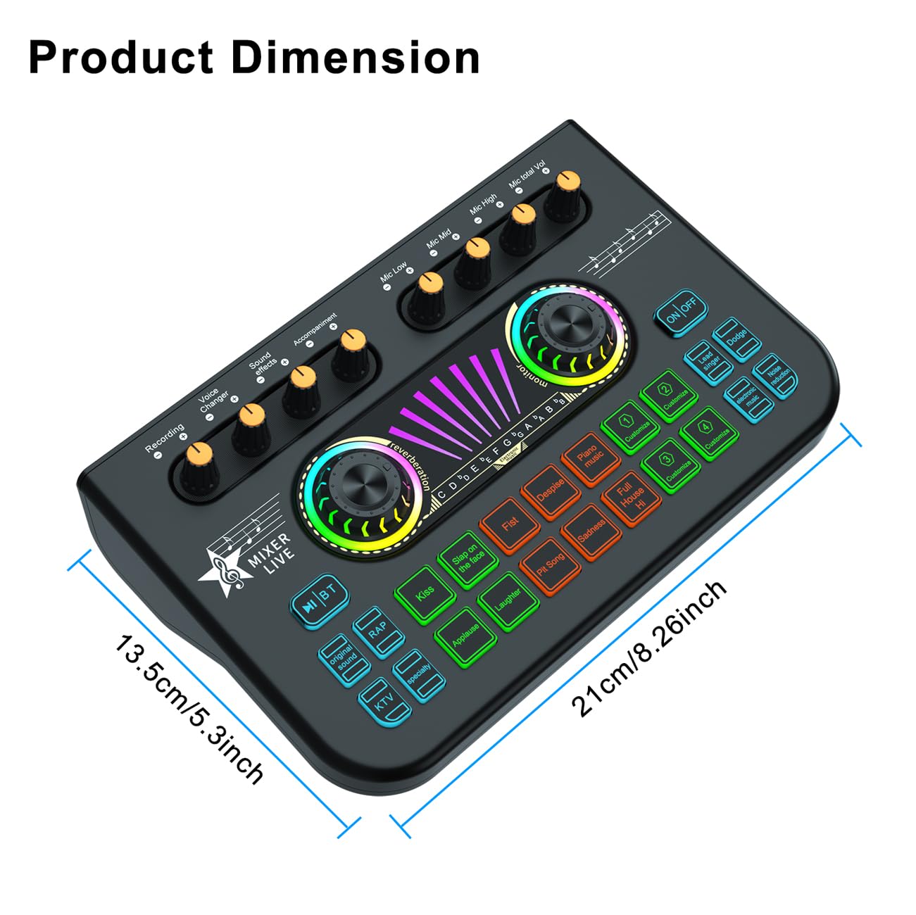 Gaming Audio Mixer Sound Board Mixer w USB Audio Interface Voice Changer, All-in-One Podcast Live Sound Card for Streaming w Soundboard Customizable Soundpads for PC Smartphone Recording Broadcasting