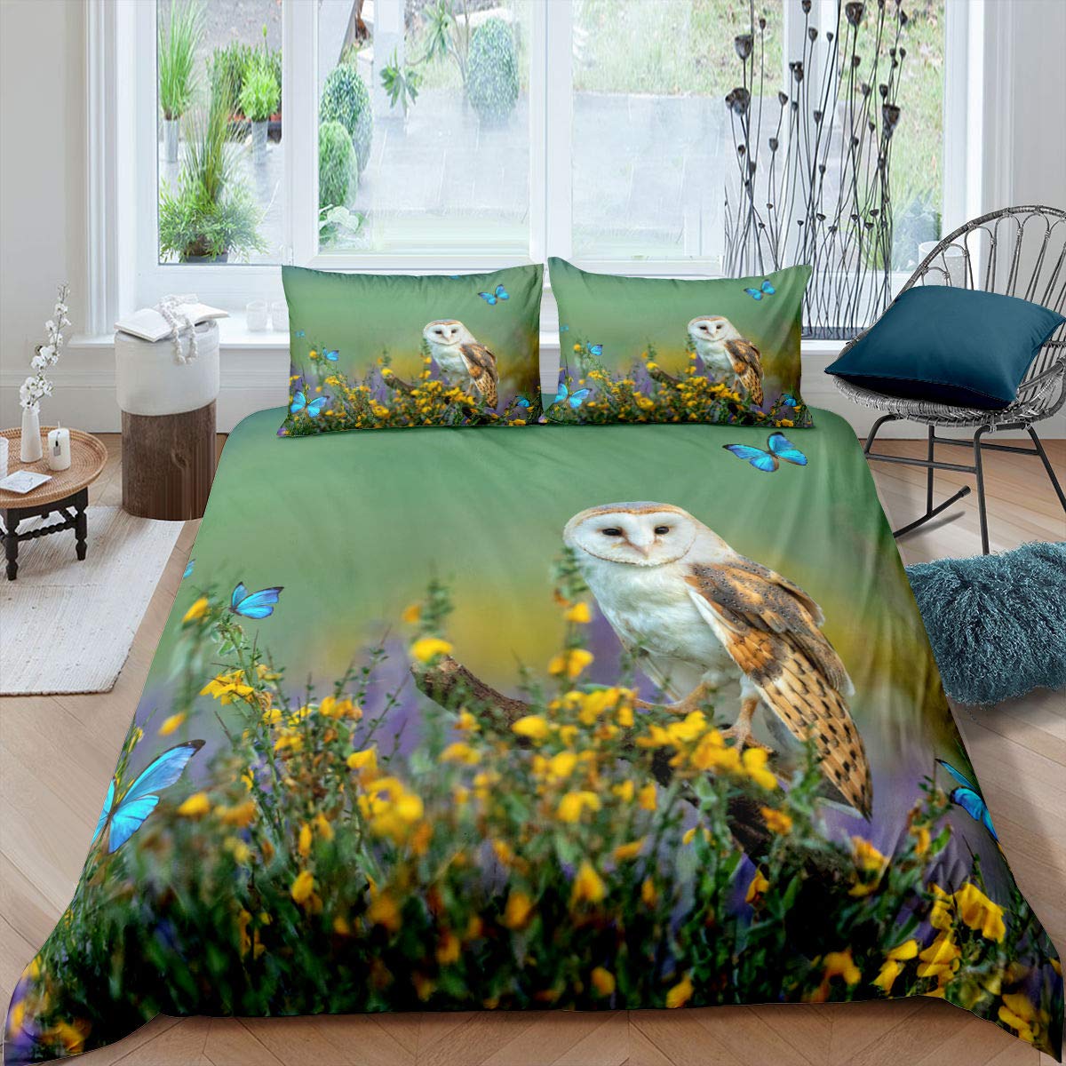 Green Owl Bedding Set 3D Bird Animals Printed Comforter Cover for Kids Boys Girls Adults Butterfly Green Froest Duvet Cover Ocean Colorful Butterfly Bedspread Cover Tortoise Room Decor Double Size