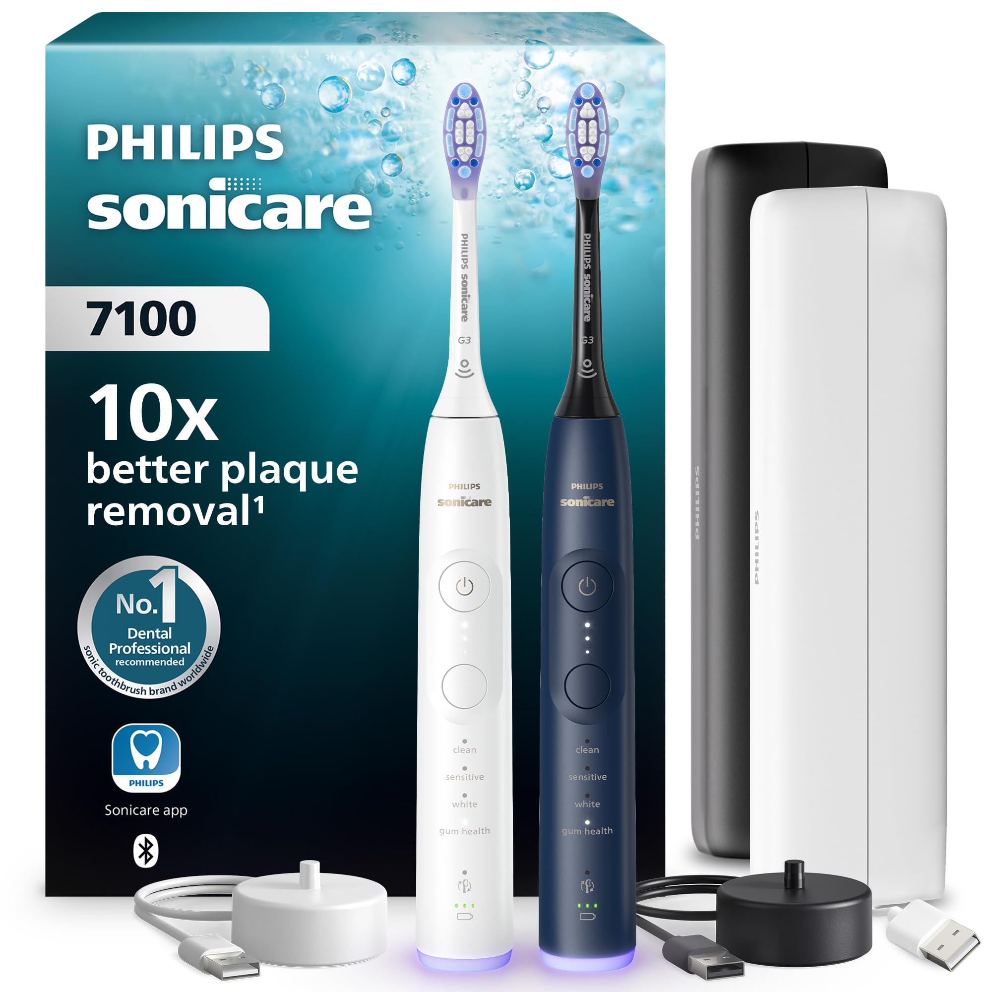 Philips Sonicare 7100 - Brosse à dents électrique sonique avec application, 4 modes de brossage et 3 niveaux d'intensité, Alerte de pression, EasyStart, Pack de 2, HX7429/01 [Nouvelle technologie]