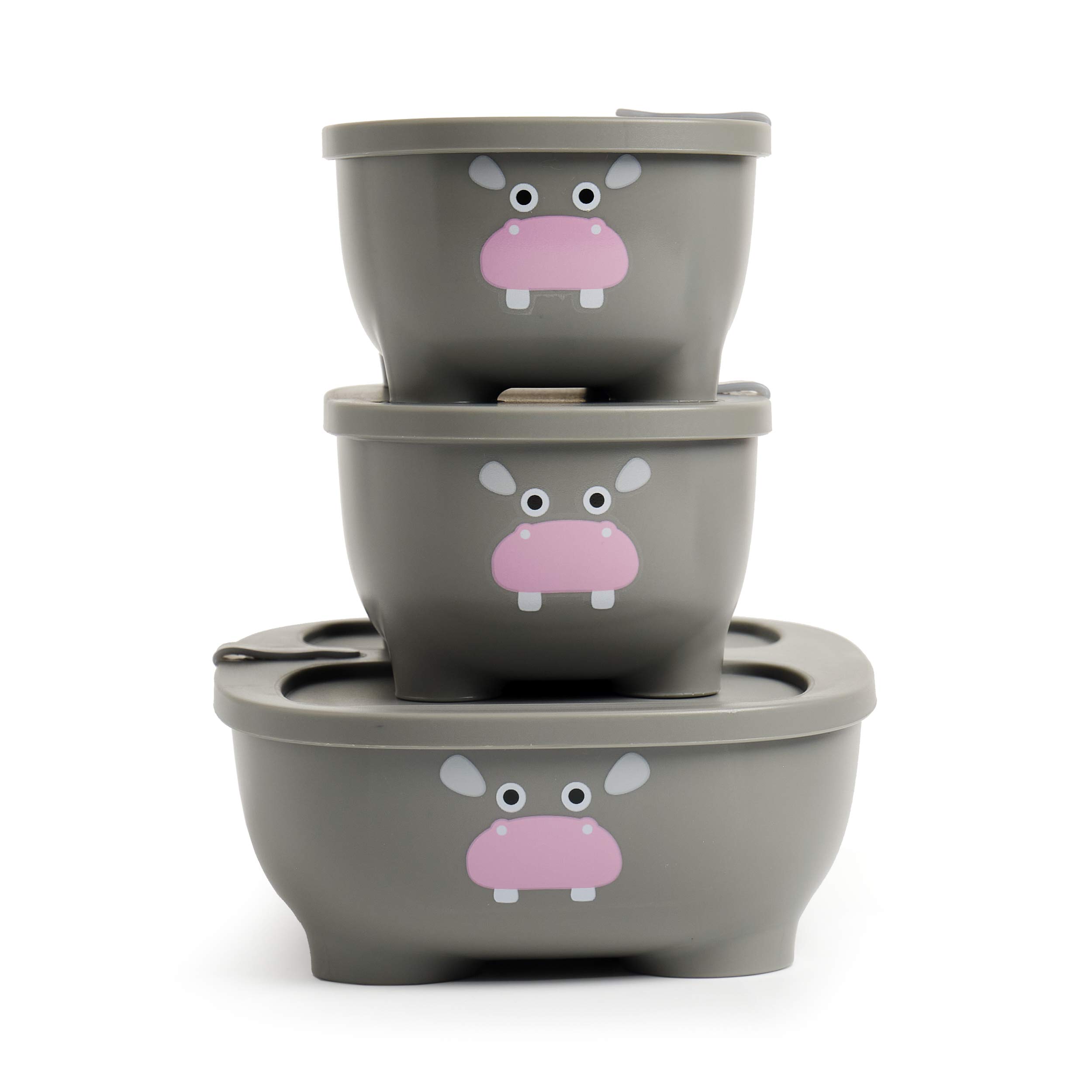 Prince Lionheart Bentomal Boxes | Cute Kids Lunch Boxes | Stackable Set Of 3 Different Sizes | Microwaveable With Vent | Dishwasher Safe - Grey Hippo