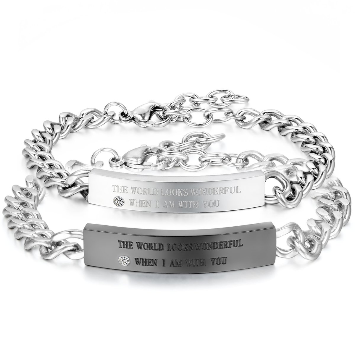 JewelryWe Free Engraving 2pcs Couples Stainless Steel Bracelets Link Curb Chain Wristbands Silver Black