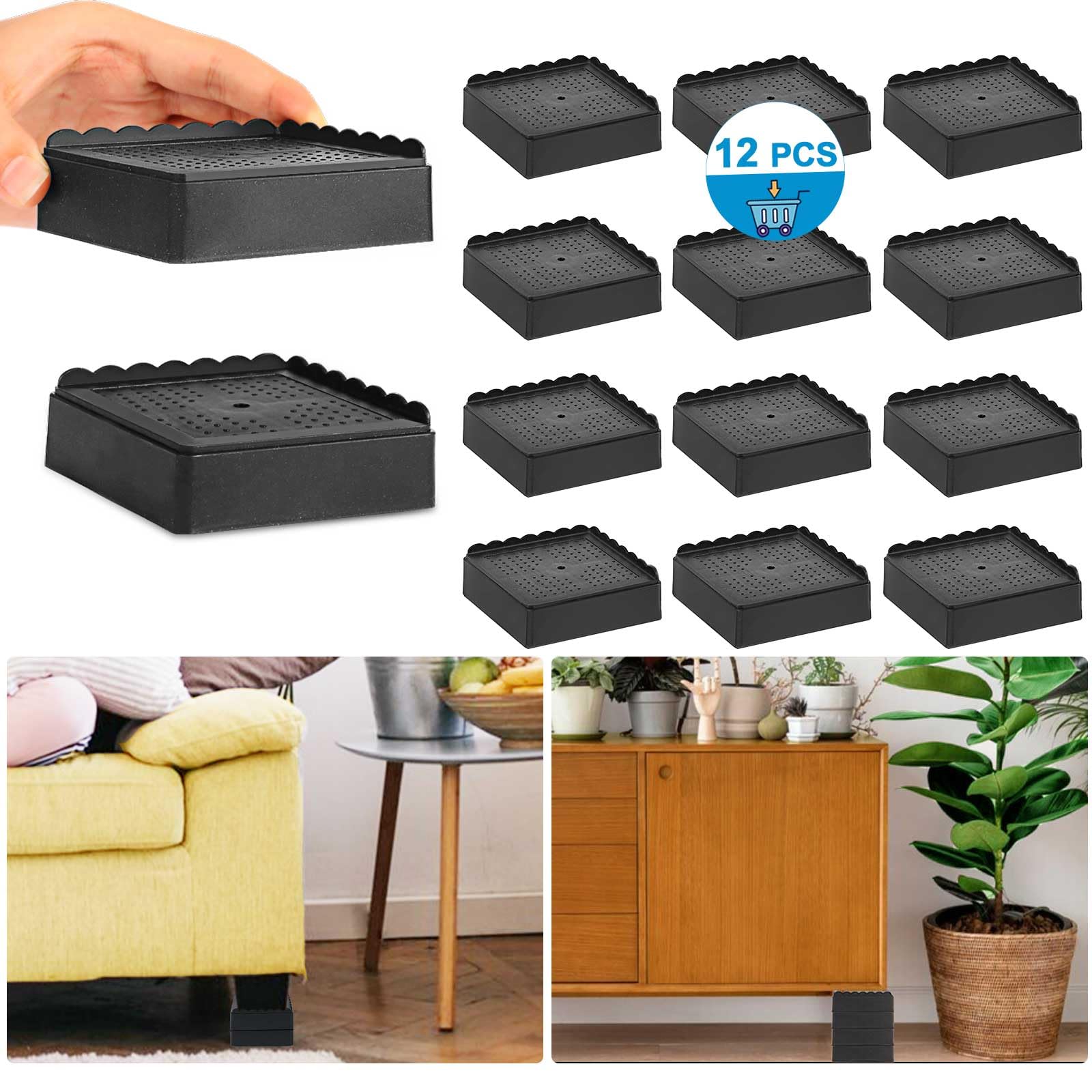 Photo 1 of Bed Risers 1 inch, 2 inch, 3 inch, 4 inch Heavy Duty, Adjustable Furniture Riser for Table Desk Couch Sofa Chair Recliner Leg Frame Dorm, Stackable Bed Raisers Blocks (Black 4 Pack, 1+1+1 inch)