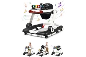 BIUSIKAN Music and Lights Baby Walker with Wheels, 6 in 1 Baby Activity Center w/Ergonomic backrest Design, Baby Walkers for Boys w/Foot Pads, Music Bouncer Walkers for Boys Girls Babies 6-18 Months, Black