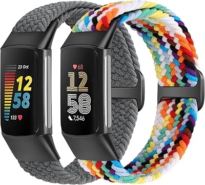 SHIJZWD Elastic Braided Straps for Fitbit Charge 5/6 Adjustable Nylon Band