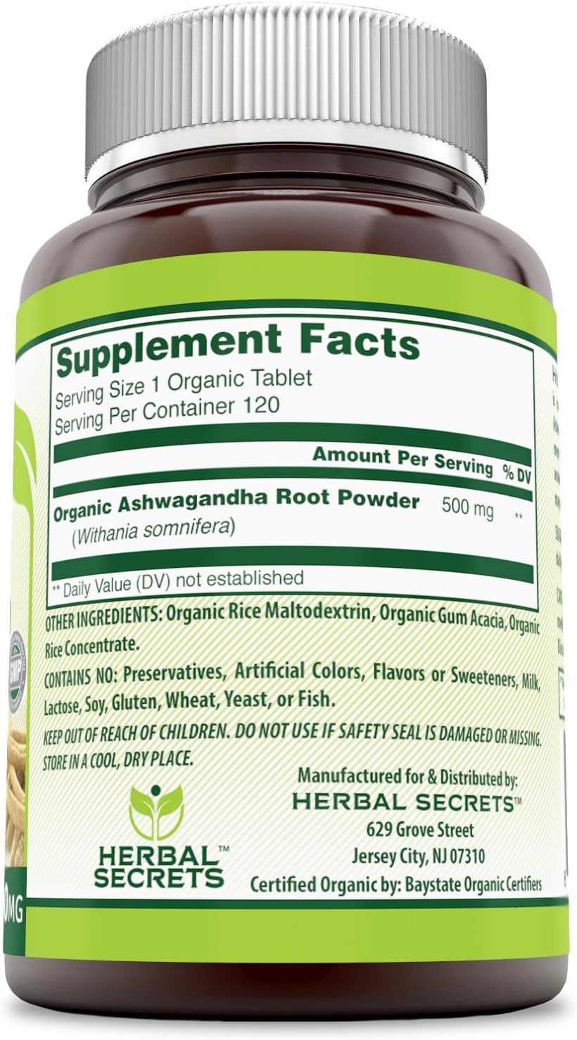 Herbal Secrets Organic Ashwagandha 500 mg 120 Organic Tablets (Non-GMO) - Supports Musculoskeletal System, Helps to Reduce Anxiety & Stress & Promotes Mental Clarity*: Health & Personal Care