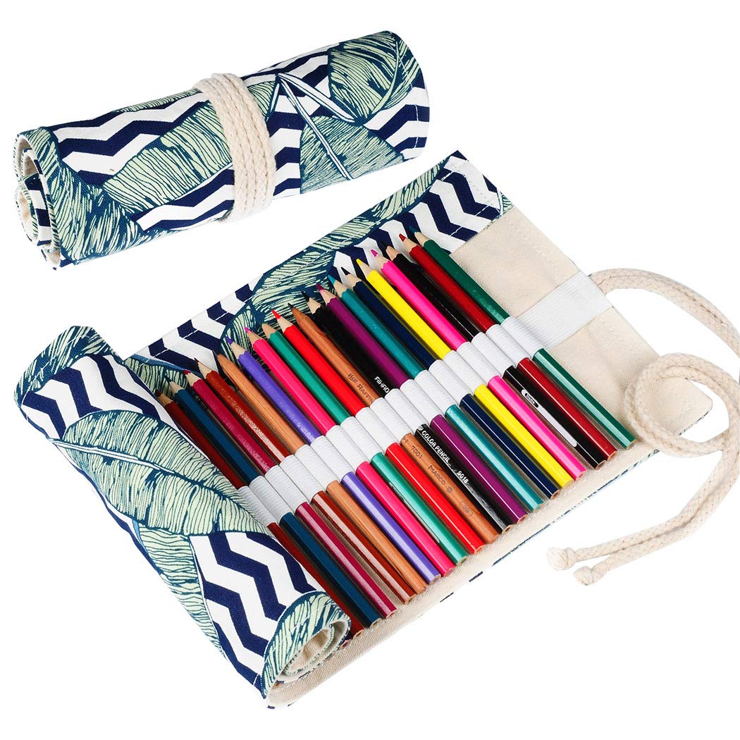 SIPLIV Canvas Roll-up Pencil Wrap, Travel Drawing Coloring Pencils Pouch for Artist, Palm Leaf 48 Holes(Pencils are Not Included)