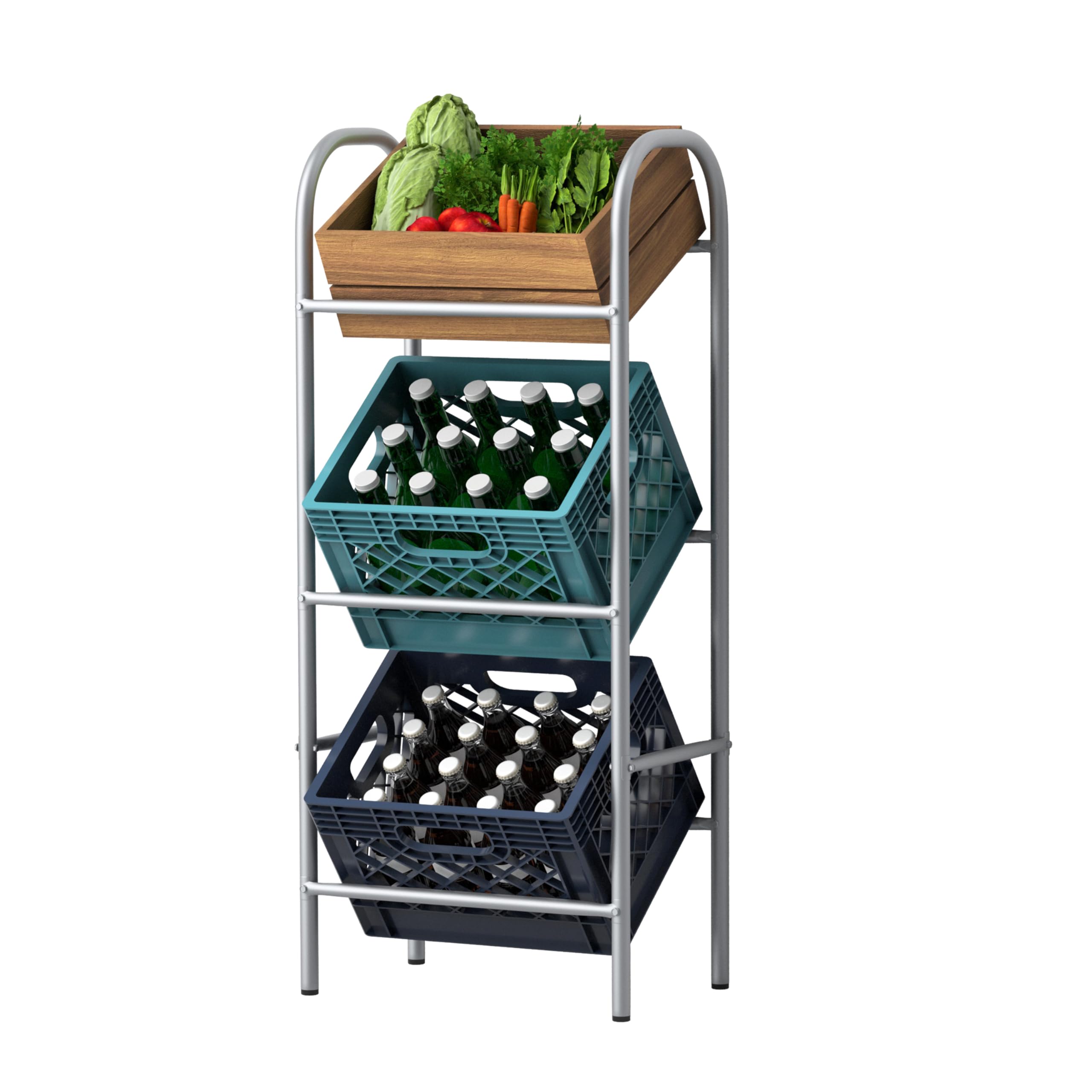 axentia Beverage Shelving Unit for 3 Drink Crates, Wall Mounting Steel Crate Stand, 3 Tier Crate Rack, Eurobox Container Shelf for Kitchen and Basement, approx. 33 x 59 x 115 cm, Silver