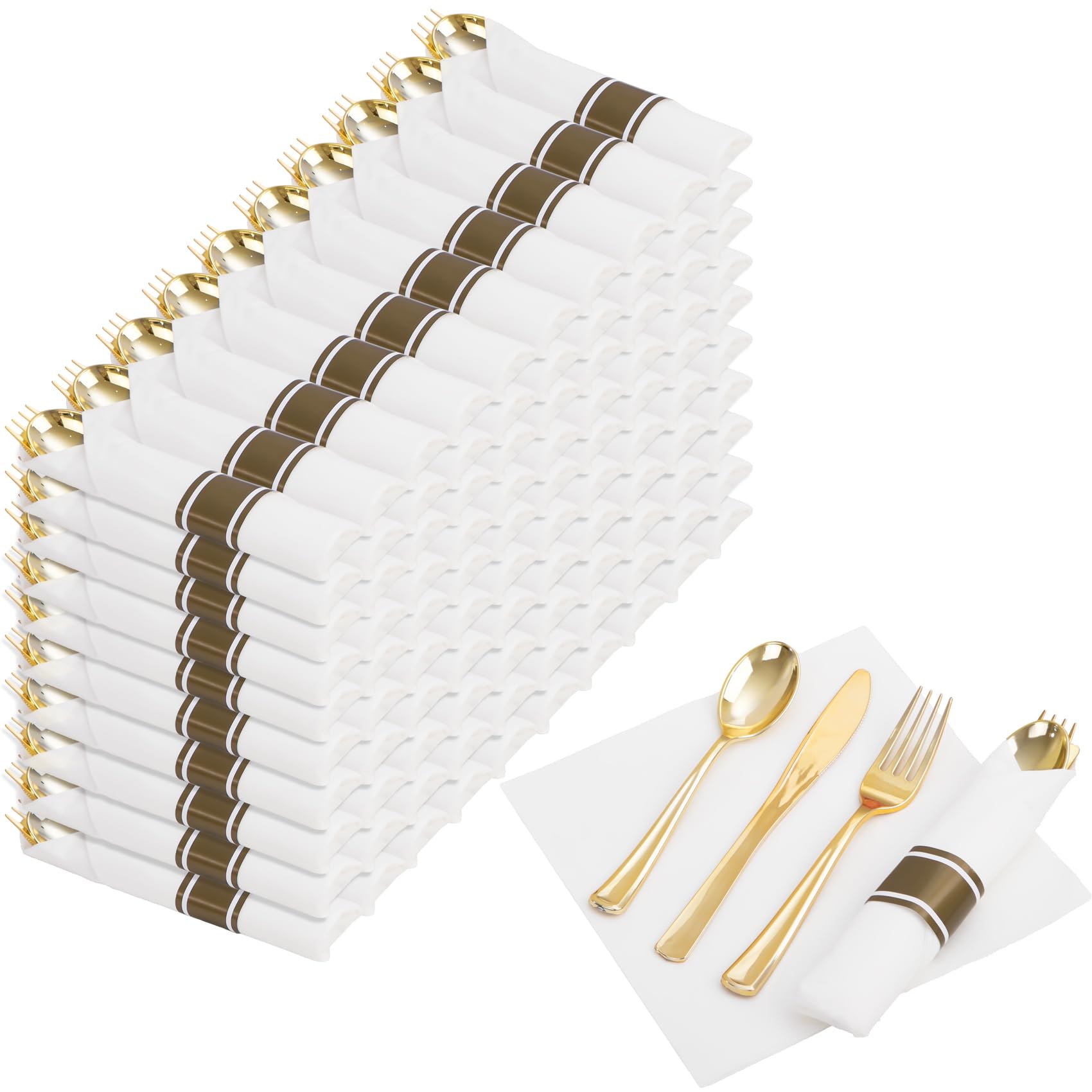 Photo 1 of Nervure 400PCS Pre Rolled Gold Plastic Silverware Sets - Heavy Duty Gold Cutlery - Include 100 Pack Wrapped Disposable Utensils with Napkins for Parties, Dinners & Weddings