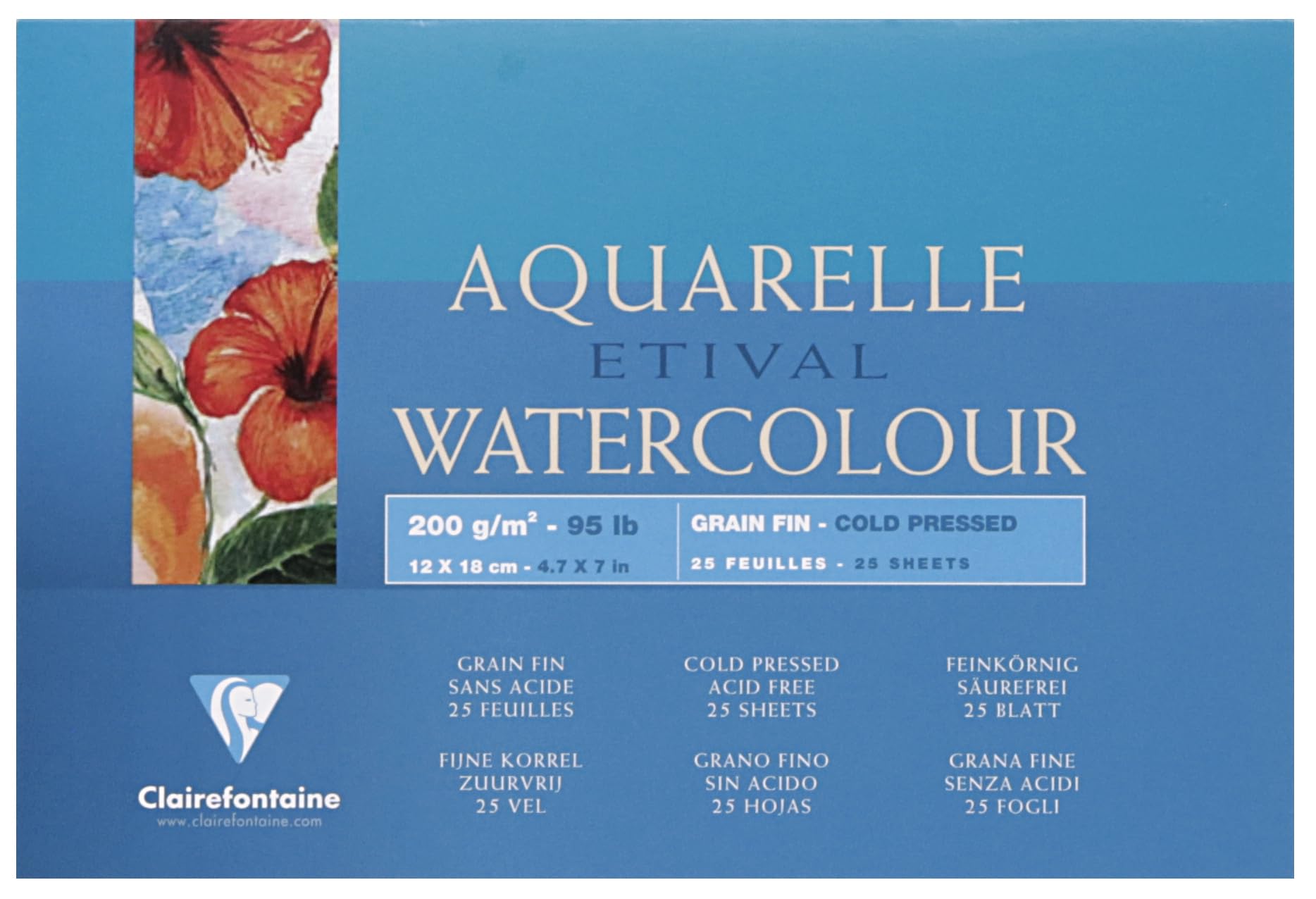 Clairefontaine - Ref 96452C - Etival Cold Pressed Glued Watercolour Painting & Drawing Pad (25 Sheets of Paper) - 12 x 18cm - 200gsm Cellulose Art Paper