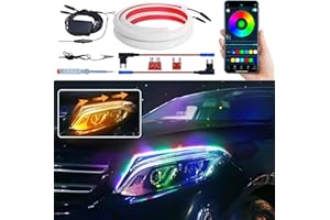 MAODANER Exterior DRL Daytime Running Lights Strip with App & Remote Control, RGB Multicolor 2Pcs 24Inches Flowing Headlight, Waterproof Sequential Amber Turn Signal Lights for Cars Trucks SUV 12V