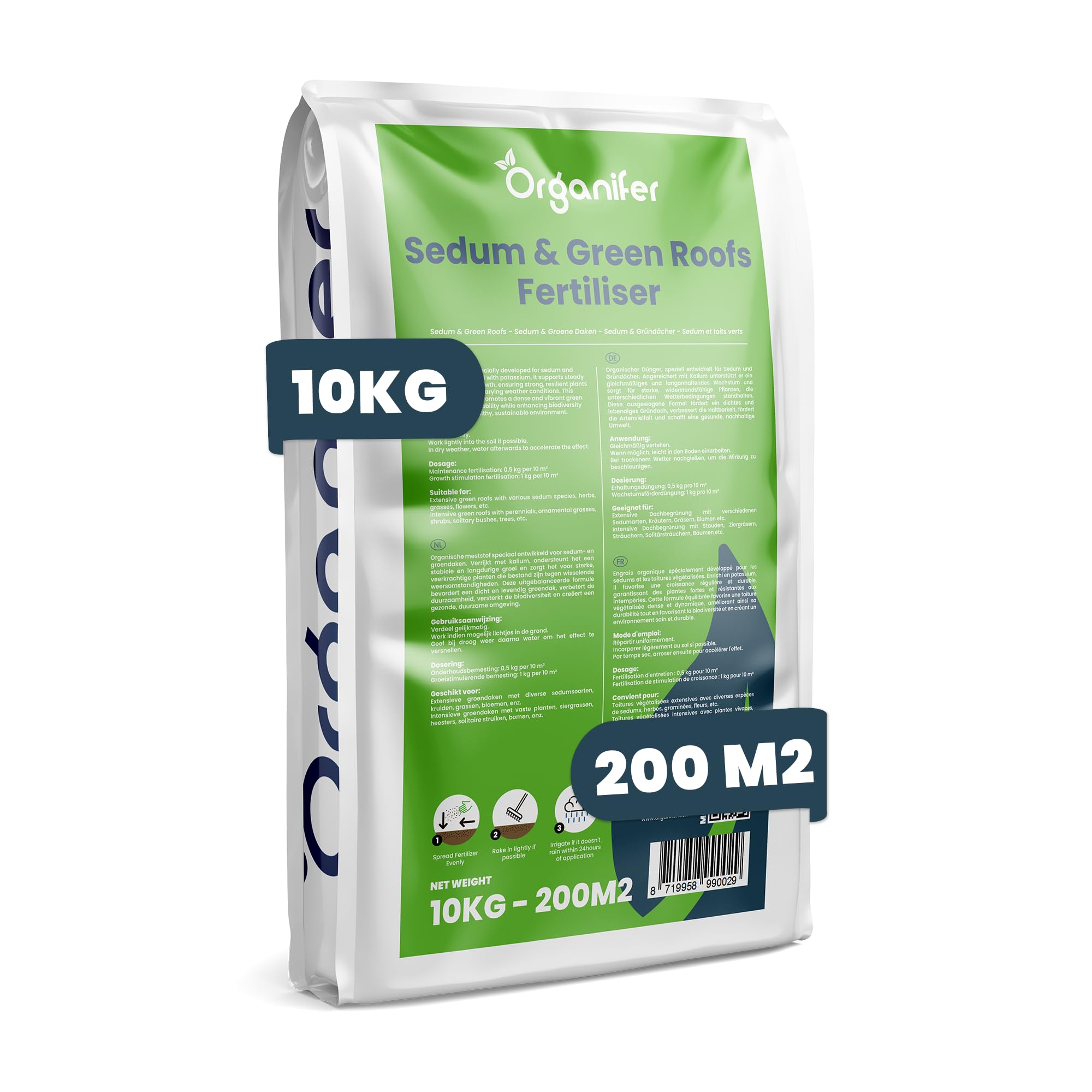 Dünger für Sedum und Dachbegrünung - 10 kg = 200 m2 - Langzeitdünger für Sedumdächer - Kräftiges Wachstum - Vorbeugung von kahlen Stellen - Mit Magnesium - NPK 9-2-7 - Organifer