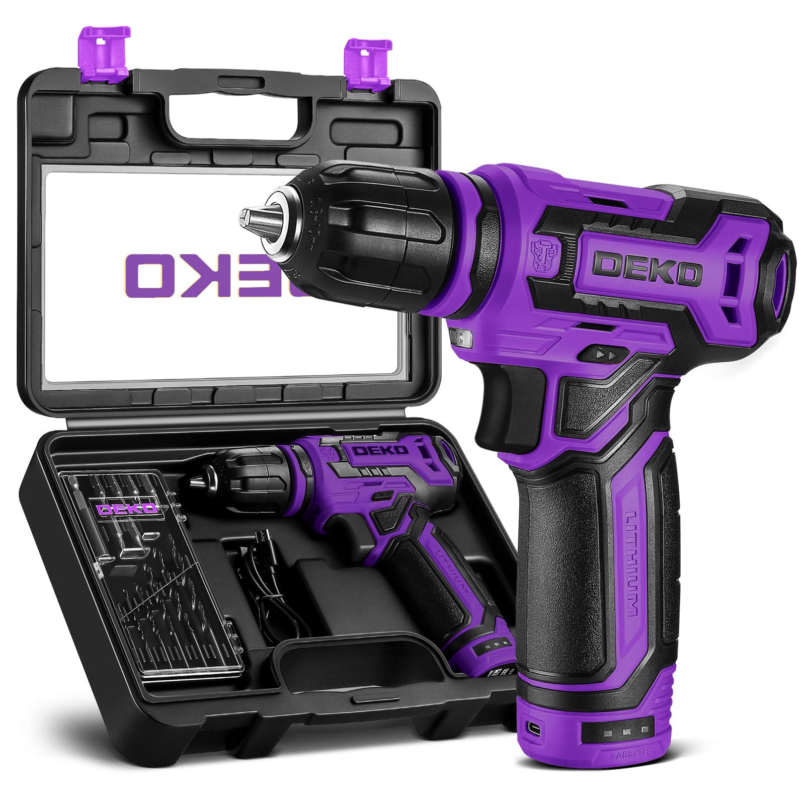 Cordless Drill：DEKOPRO 12V Power Drill Set 800RPM Electric Drills Small Drills with 3/8-inch Keyless Chuck and Portable Tool Set Gift Box (Purple) Image