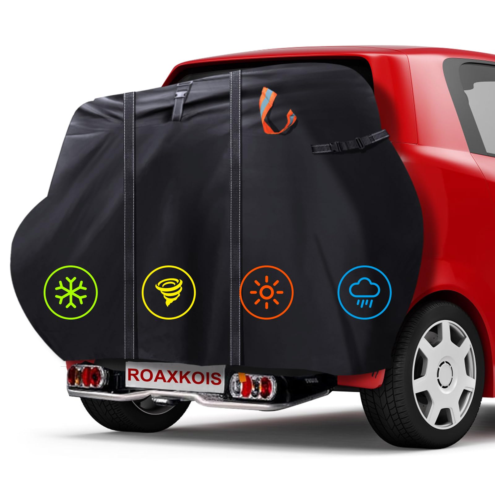 Roaxkois Bike Cover for Transport 2 Bikes - 600D Oxford fabric, PU coating, Waterproof & Heavy Duty, with 13ft Reflective Webbing, Bicycle Rack Covers for Car Hitch Travel Storage