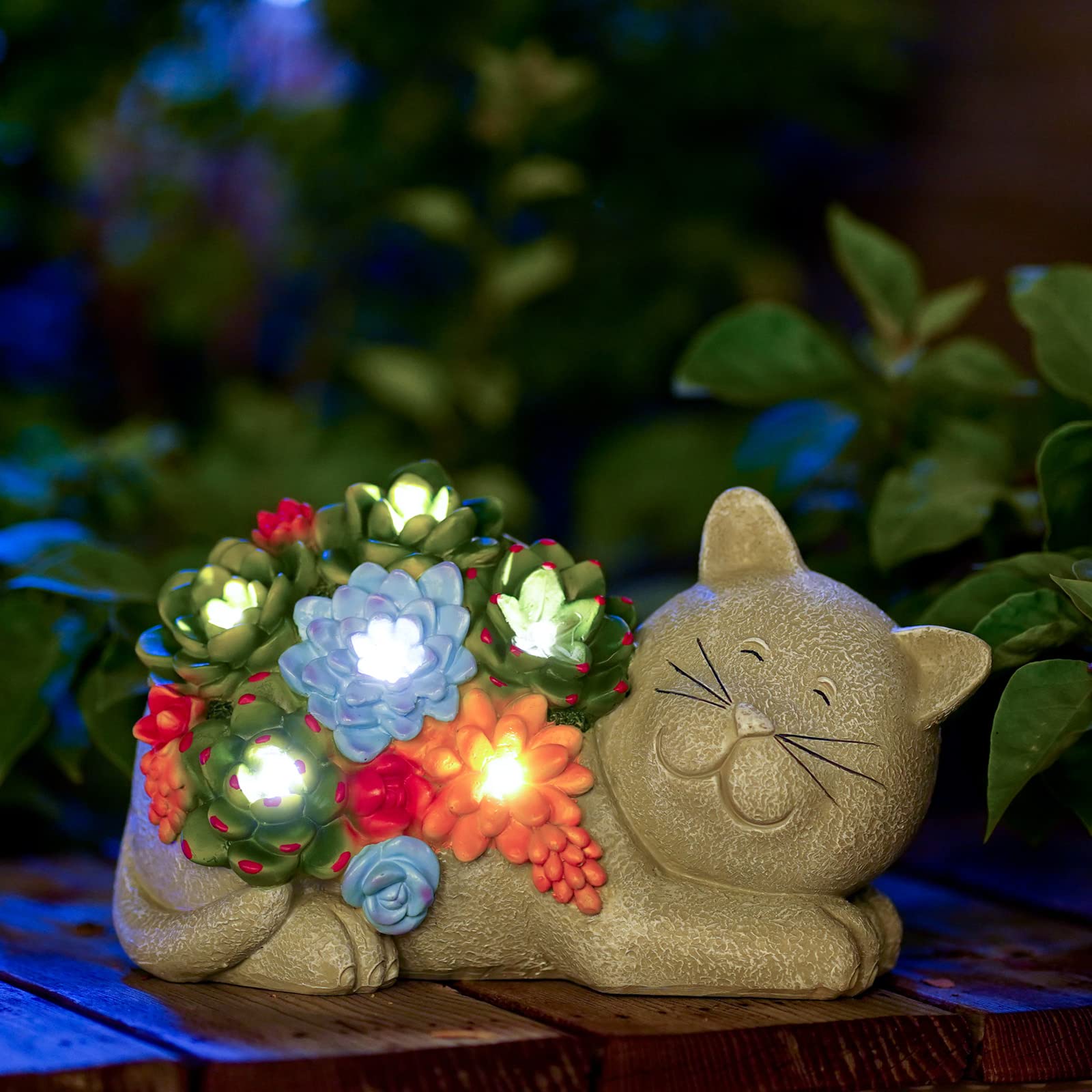 Goodeco Solar Garden Cat Statue - Waterproof Resin Figurine with Succulent 6 LED Lights for Home Yard Patio Lawn - Gifts for Cat Lovers and Women 23cm — image 1
