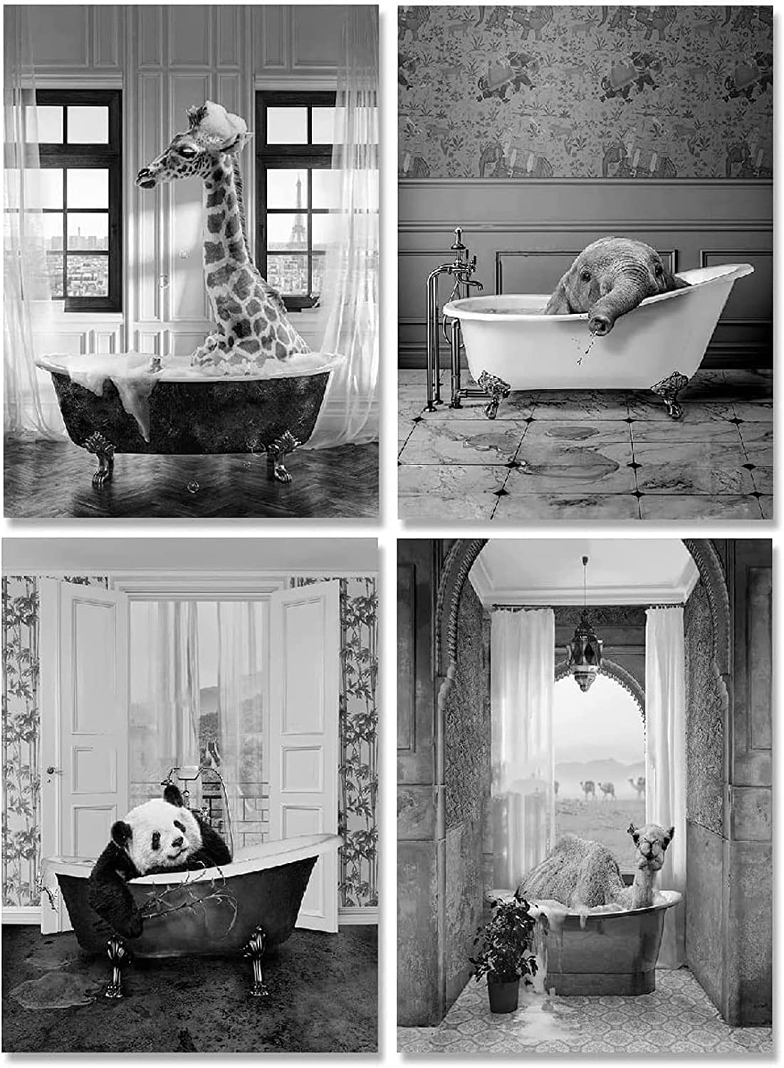 HMDKHI Black White Bathroom Pictures Bath Panda Animal in the Bath Picture Funny Wall Art Prints Canvas Poster Home Decor Minimalist Without Frame