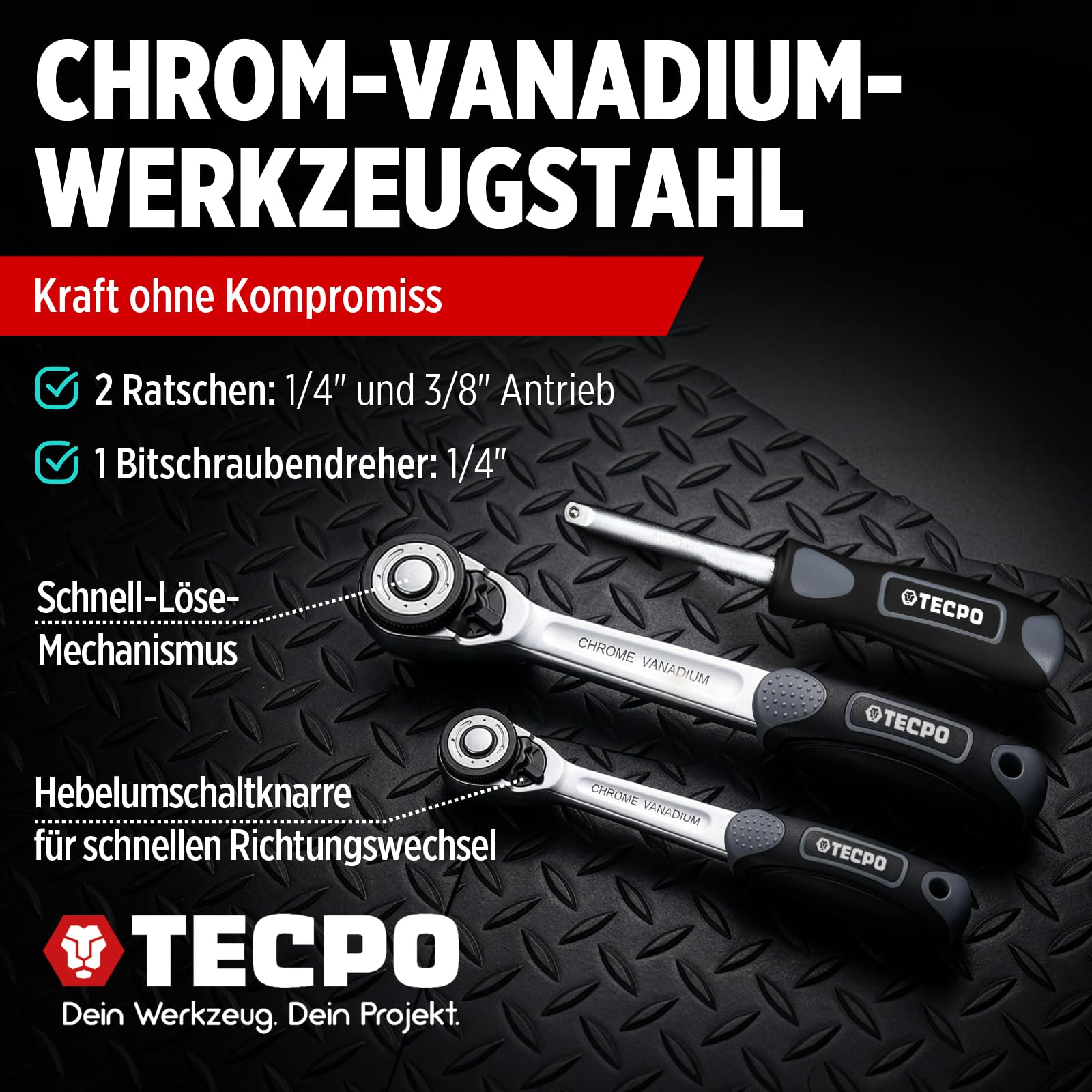 TECPO Zoll Steckschlüssel Satz 92-teilig Werkzeugkoffer mit Ringschlüssel und Maulschlüssel, Ratsche mit Nuss-Set Verlängerung Adapter, Innensechskant-Schlüssel, Ratschenkasten, Zöllig, Knarrenkasten 5