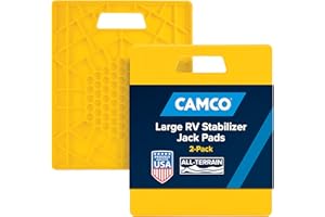 Camco Camper/RV Large Stabilizer Jack Pads - Features Interlocking Design & Handy Strap for RV Storage - Built-in Handle - Use with RV Leveling System, RV Levels & More - 14” x 12”, 2-Pk (44541)