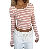 SOLY HUX Women's Striped Long Sleeve T Shirts Crew Neck Slim Fitted Cute Aesthetic Crop Tops