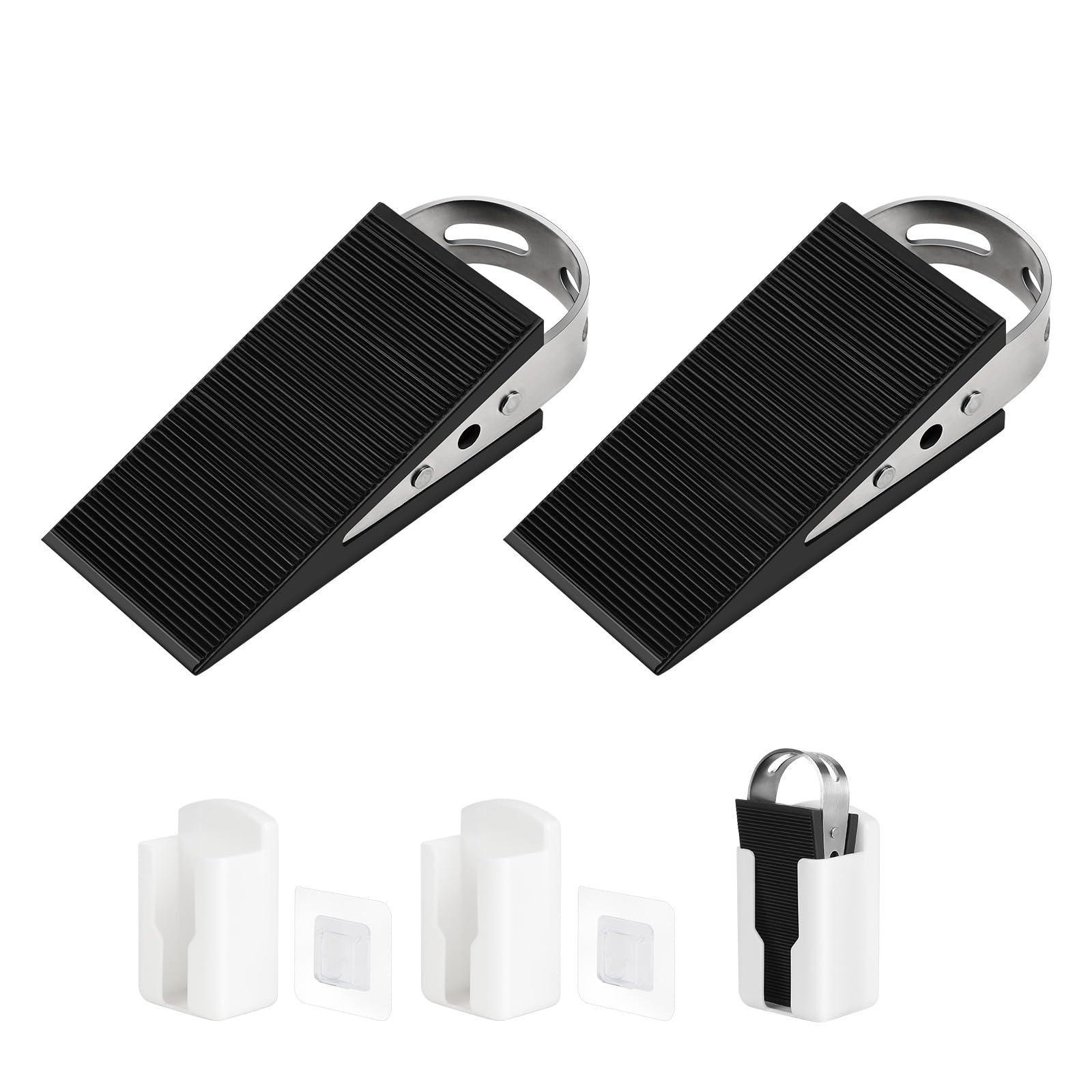 SUPAWAY 2 x Rubber Door Wedges - Mobile Door Stop - Black - Non-Slip Rubber Wedges with Stainless Steel Brackets - Anti-Scratch