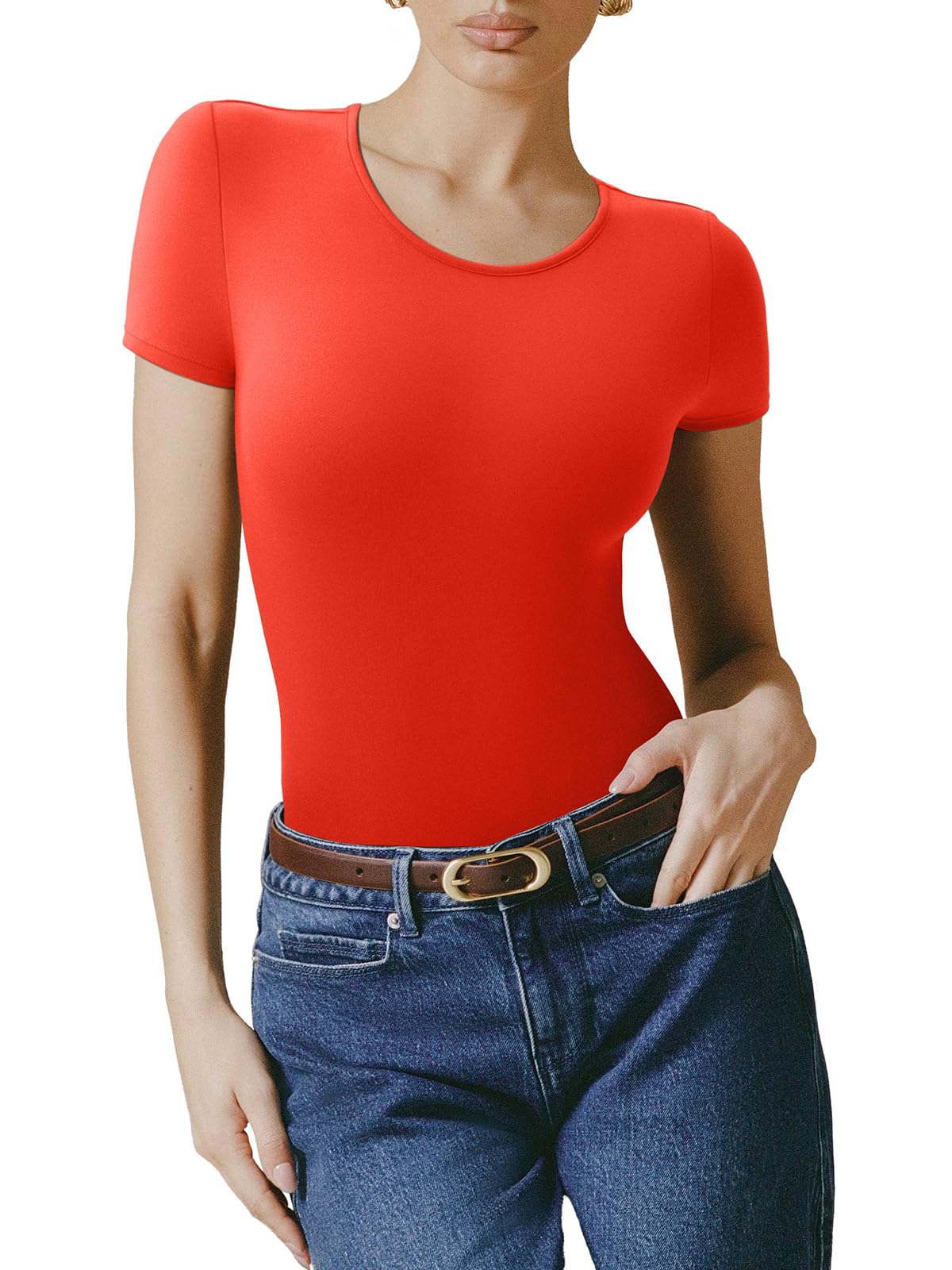 Photo 1 of (USED/FAIR) (LARGE) (BAGGED) REORIA Women's Red Short Sleeve Body Suits Fashion T-shirt Tops Round Neck Bodysuits for women Large