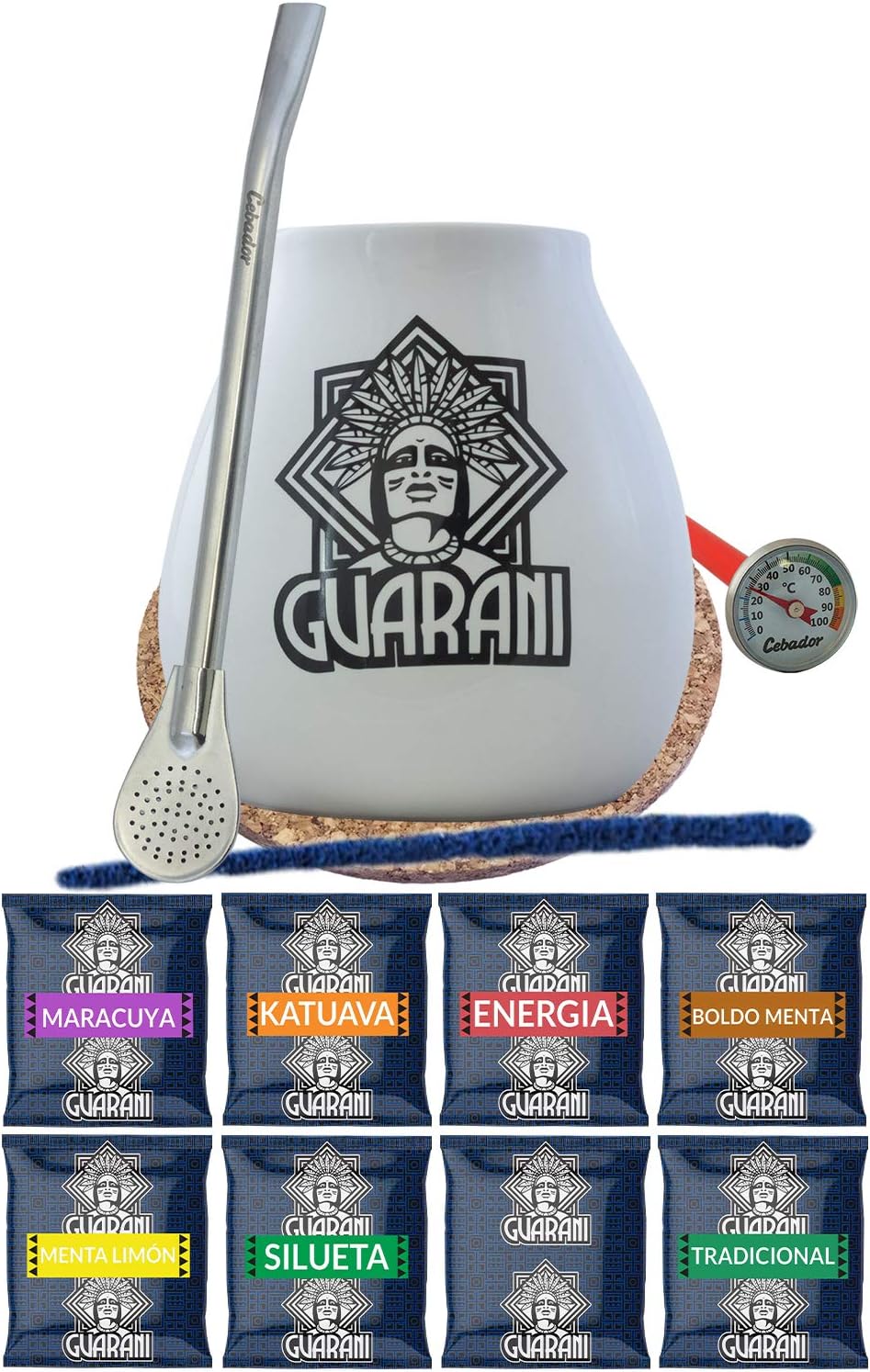 GUARANIMate Tea Set | Guarani samples + White Ceramic Guarani Gourd + Bombilla + Cleaner + Cork Pad + Thermometer | Yerba Mate Set