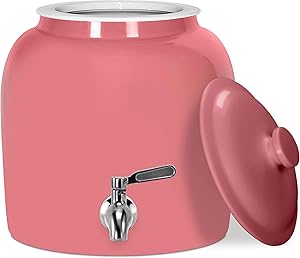 Geo Sports Porcelain Ceramic Crock Water Dispenser, Stainless Steel Faucet, Valve and Lid Included. Fits 3 to 5 Gallon Jugs. BPA & Lead Free (Solid Pink)