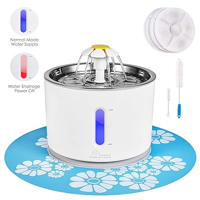 Cat Water Fountain Stainless Steel, 81oz/2.4L Intelligent Auto Power Off Pump with LED Light, Pet Fountain, Cat Water Dispenser with 3 Filters, 1 Mat and 2 Cleaning Brushes, Water Level Window