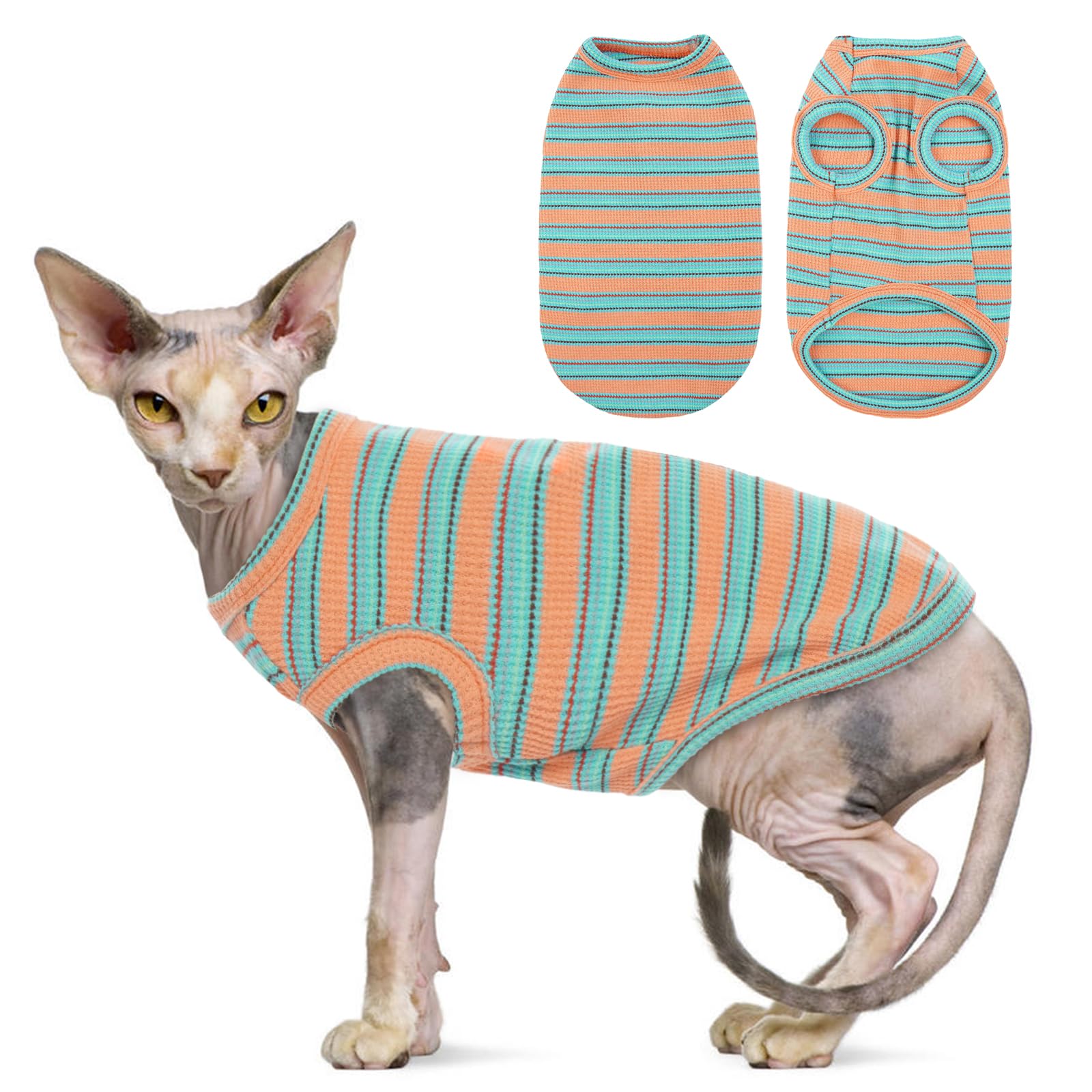 OUOBOB Sphynx Cat Clothes, Breathable Hairless Cat Shirts, Stripe Kitten T-Shirts Sleeveless, Pullover Cat Sweaters, Pet Summer Apparel for Sphynx, Cornish Rex, Devon Rex, Peterbald, Small Dogs