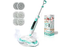 Angtra Scrubbing Steam Mop with Rotating Mop Pads, All-in-One Hard Floor Cleaner with LED Headlights, Steam & Spin Control, 6 Soft Scrub Pads, Swivel Steering, FS07