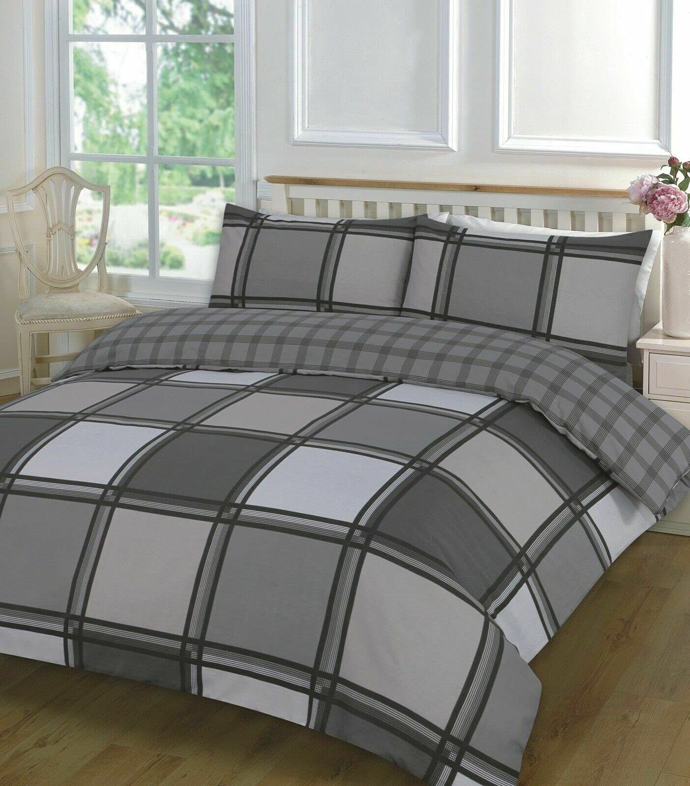 HOMES-LINEN Luxury Blocks Logan Easy Care Reversible Check Printed Duvet Cover Set (Grey, Double)