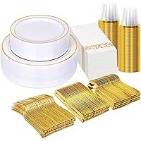 350 Piece Dinnerware Set for Wedding & Party,50 Guest RimPlastic Plates,50 Plastic Silverware,50 Cups,50 Linen Like Napkins 1