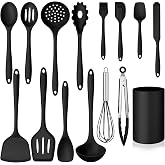 Homikit Silicone Cooking Utensil Set, 15pcs Kitchen Utensils with Holder | Black Silicone Spatula Set for Nonstick Cookware, Heat Resistant up to 446&ordm;F, Nontoxic Baking Kitchen Tools, Dishwasher Safe