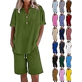 yakyamgi Linen Short Sets for Women 2 Piece Outfits Short Sleeve Button V Neck Shirts and Bermuda Short Sets Vacation Clothes