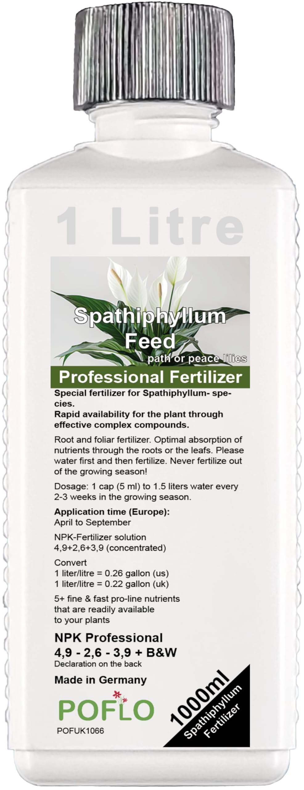 POFLO Special fertilizer for peace lilies Spathiphyllum- species. Rapid availability for the plant through effective complex compounds. 1000ml