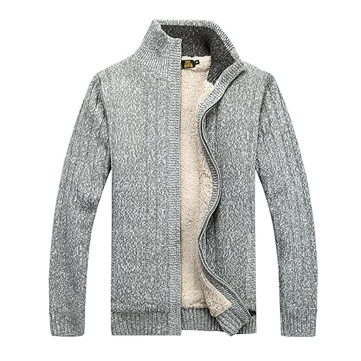 GWELL Herren Strickjacke mit Fleece Einfarbig Verdickte Sweater Cardigan Strickpullover mit Reißverschluss Stehkragen