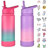 Mininoo Kids Water Bottle for School, 16oz Stainless Steel Insulated Water Bottle Kids with Straw Lid for Girls, Boys (2 Pack)