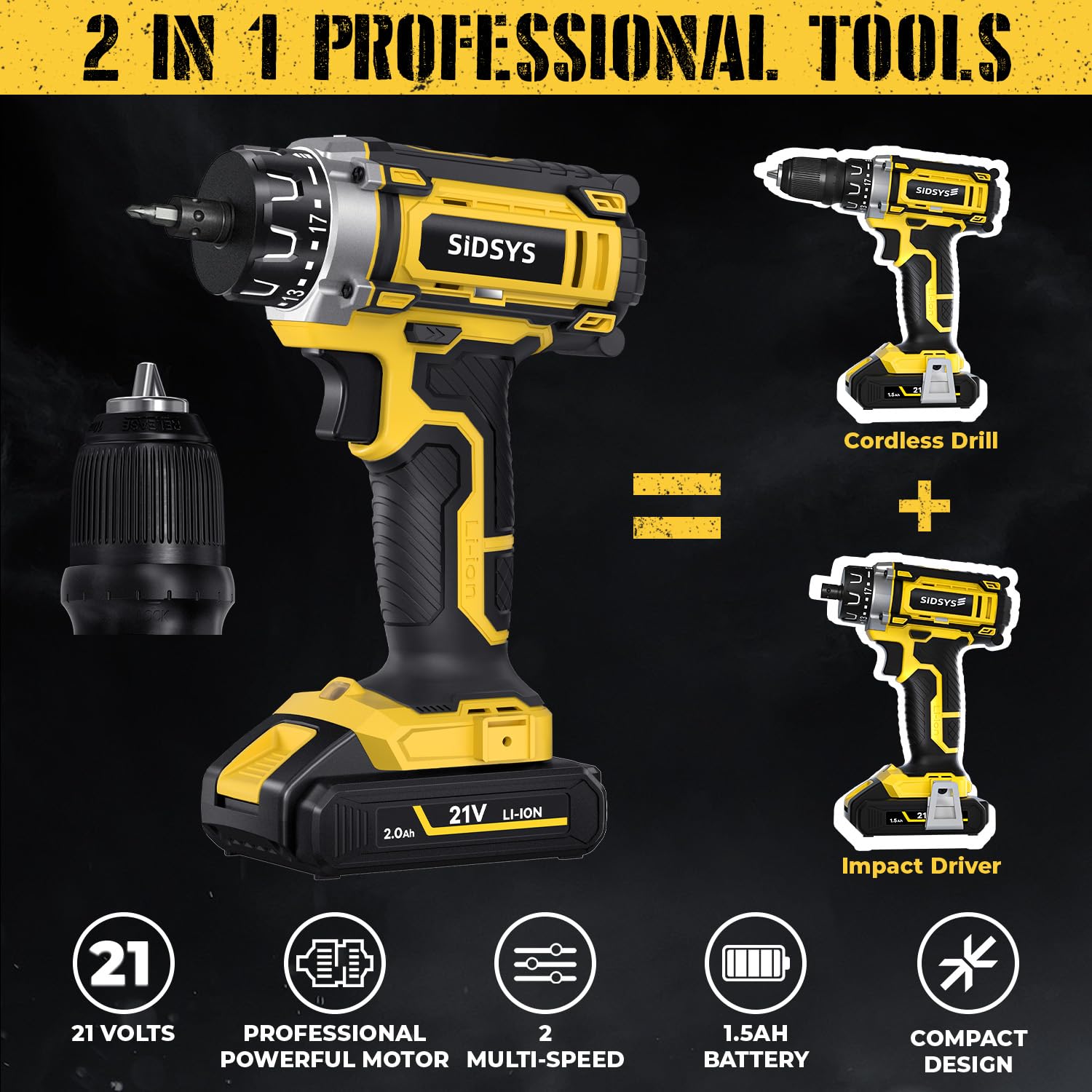 SIDSYS 21V Max Cordless Electric Drill Set, 3/8