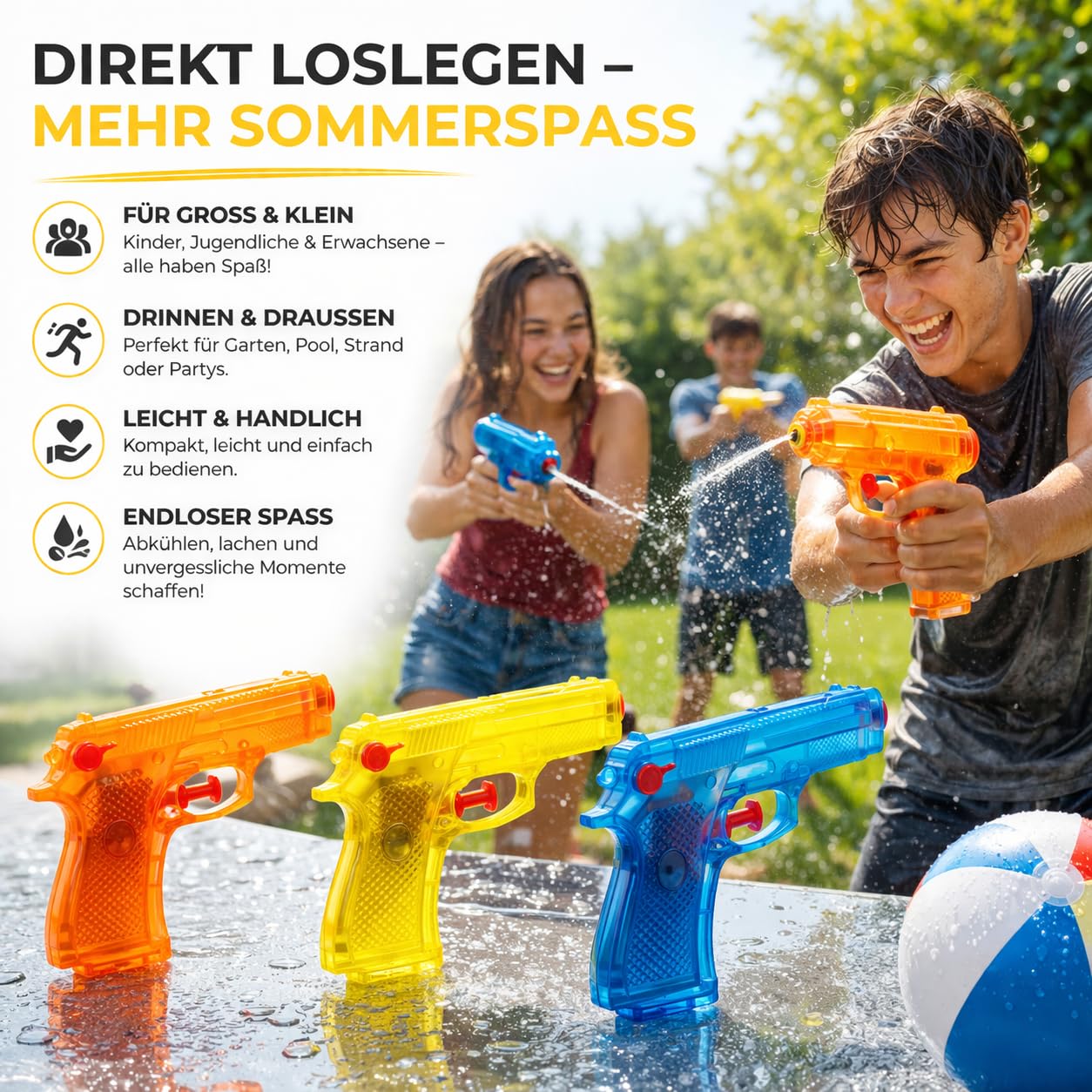 3er Wasserpistolen Set - ca. 12 cm mit großer Reichweite Wasserspritzpistole Spritzpistole klein mini für Kinder 6