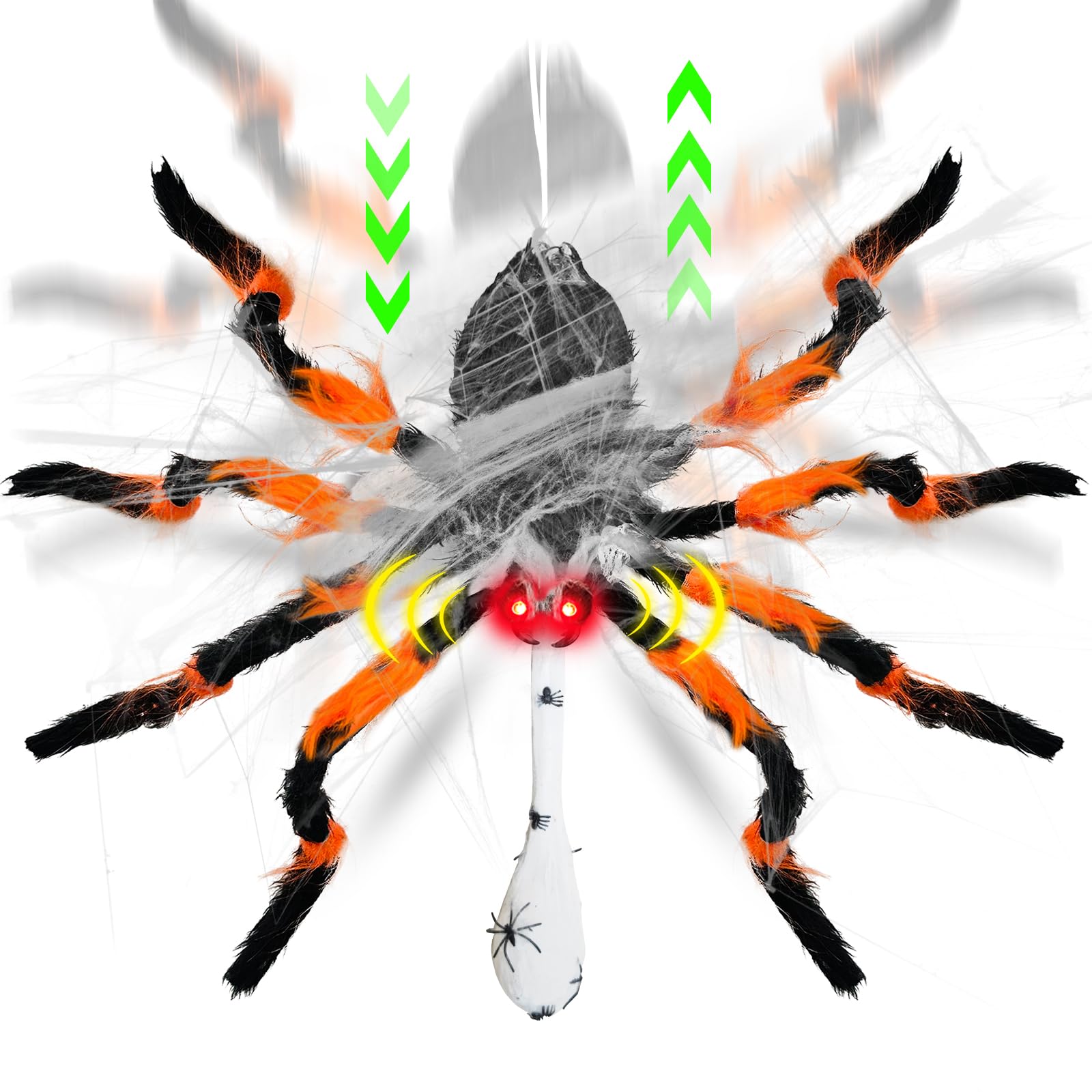 Photo 1 of [Move Up and Down ] 44" Halloween Animatronic Giant Hanging Spider with Egg Sac, Sound Activated Swinging Body Red Eyes Scary Sounds, Orange Black Spider Halloween Decorations Outdoor Haunted House