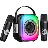PHNIXGAM Mini Karaoke Machine with Two Wireless Microphones, Portable Bluetooth Speaker for Adults and Kids, Karaoke Microphone with LED, Speaker Supports for TF Card/USB, AUX in (Black)