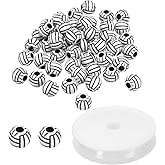 PATIKIL 12mm Acrylic Volleyball Beads Bulk, 50 Pack Sports Ball Beads Round Sports Spacer Beads with 4.4 Yard Elastic Rope for DIY Crafts Bracelet Necklace Making, Black White