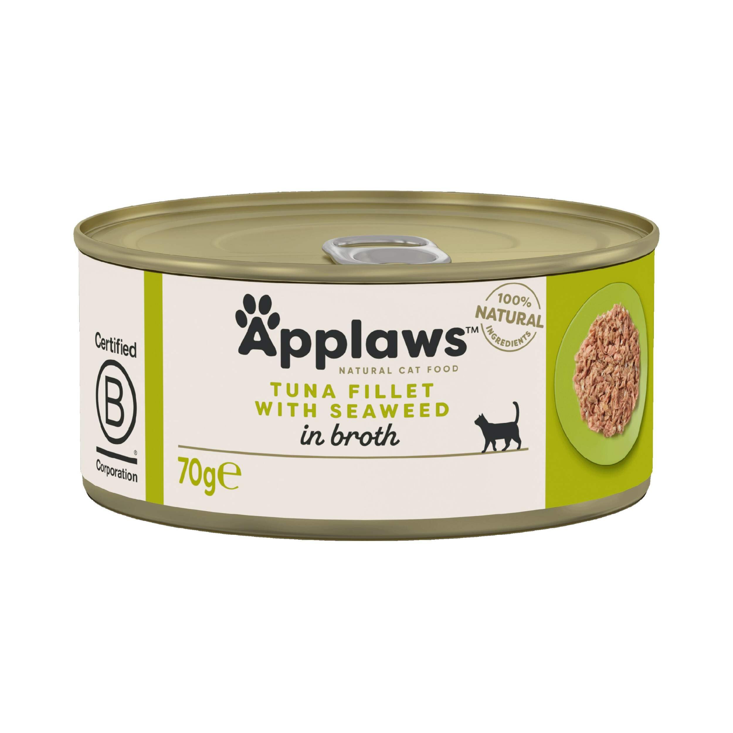 Applaws Natural Cat Food, Tuna Fillet with Seaweed, In Broth Tin, 70g (Pack of 24)