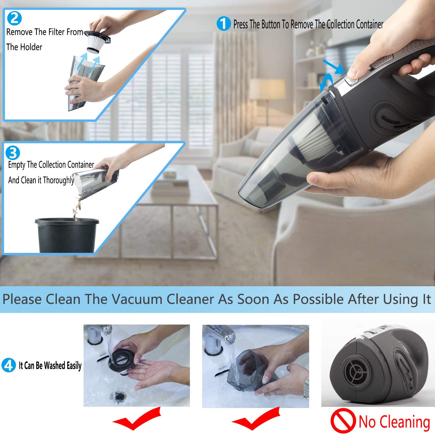 LICORNE Car Vaccum cleaner, Handheld Cordless Cleaner Rechargeable Wet Dry Vaccum with 120W 3.2K Pa Strong Cyclonic Suction 2200Mah Battery for Pet Car Home Office